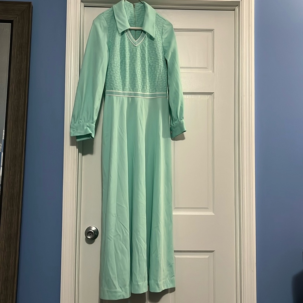 Vintage 70s sweater vest style mint green maxi dress boho bohemian hippie